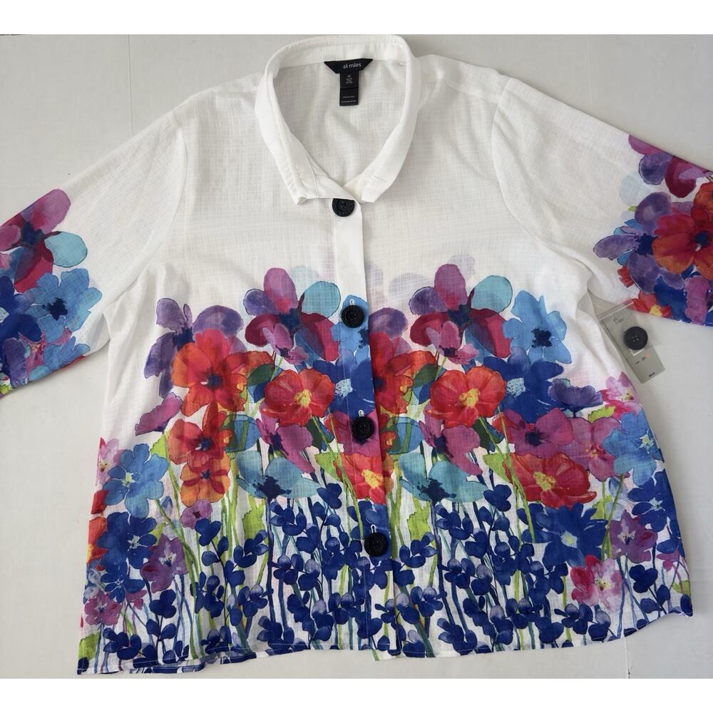 Ali Miles 2X White Multi Floral 3/4 Bell Sleeve Button Front Shirt Blouse Artsy - Picture 3 of 11